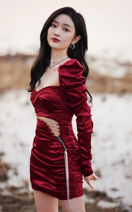 吴宣仪身着V领绸缎红连衣裙气质可爱滩涂地写真美照