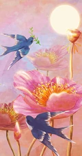 奇幻，玄幻 中国风 喜鹊 仙鹤 唯美好看插画手机壁纸图片