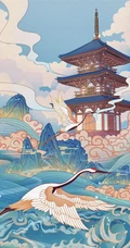 奇幻，玄幻 中国风 喜鹊 仙鹤 唯美好看插画手机壁纸图片