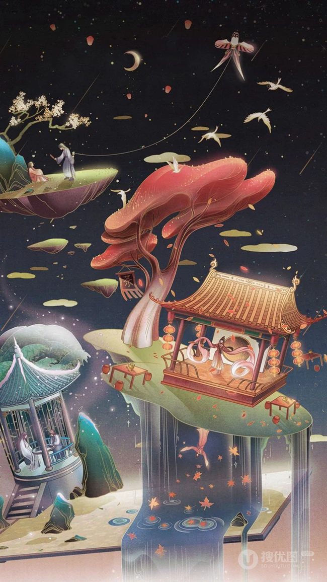 奇幻，玄幻 中国风 喜鹊 仙鹤 唯美好看插画手机壁纸图片