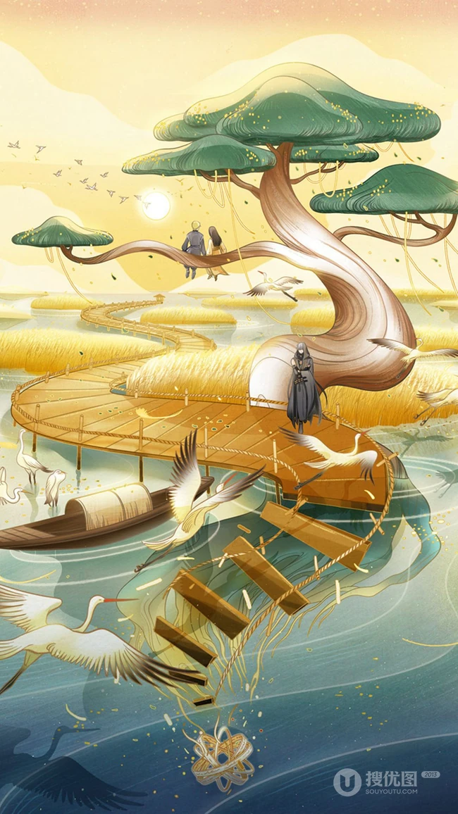 奇幻，玄幻 中国风 喜鹊 仙鹤 唯美好看插画手机壁纸图片
