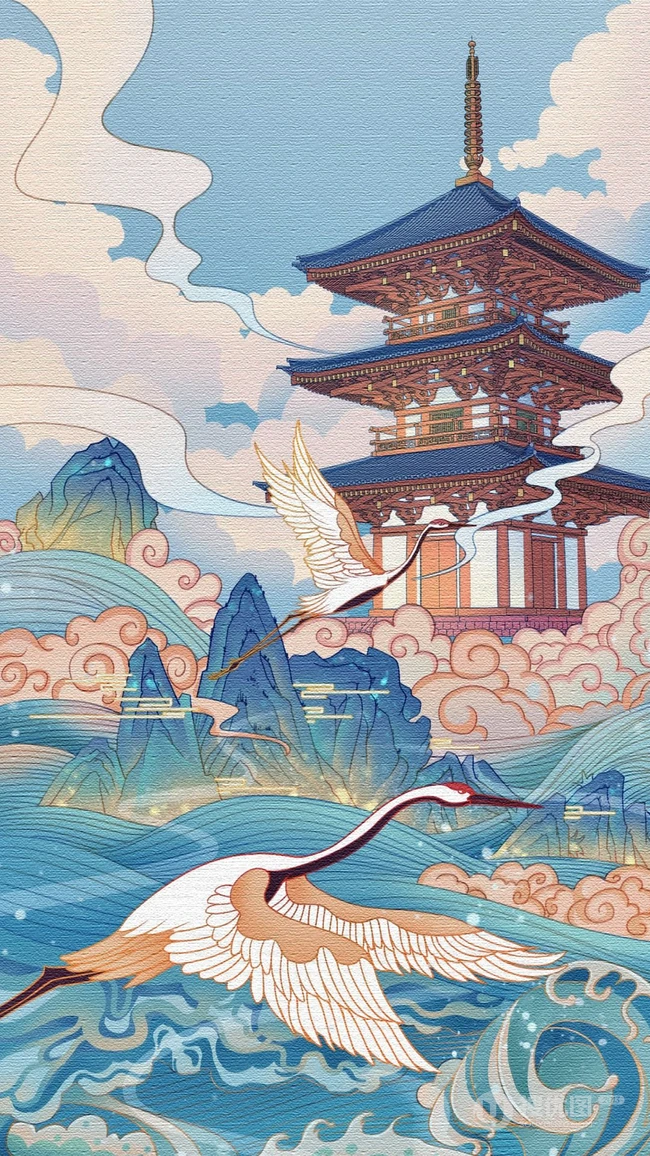 奇幻，玄幻 中国风 喜鹊 仙鹤 唯美好看插画手机壁纸图片