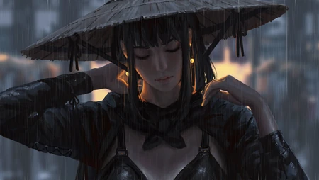 雨夜，雨中少女，戴着斗笠在雨中的性感好看动漫美女高清壁纸图片