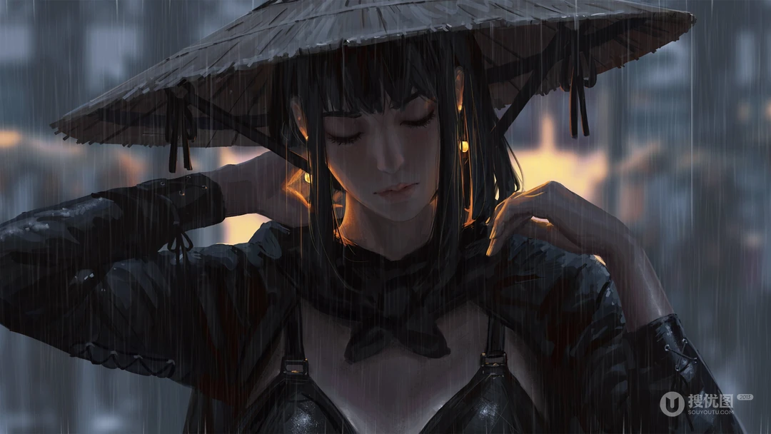 雨夜，雨中少女，戴着斗笠在雨中的性感好看动漫美女高清壁纸图片