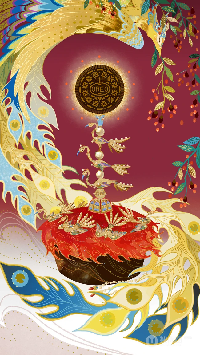 凤冠，朱钗，福禄 国风，古风素材品牌插画图片