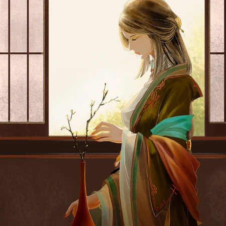 唯美古风女子 古装 汉服女子，插花，大雁 插画图片