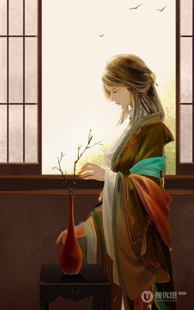 唯美古风女子 古装 汉服女子，插花，大雁 插画图片