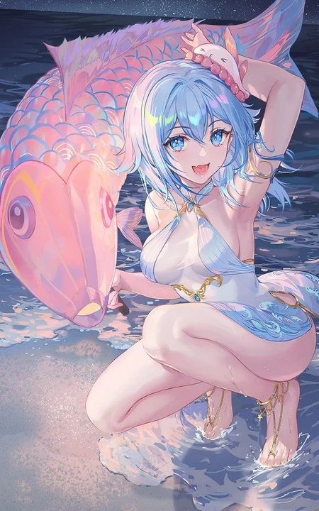 锦鲤 鲤鱼，穿着清凉海边动漫美少女高清手机壁纸图片