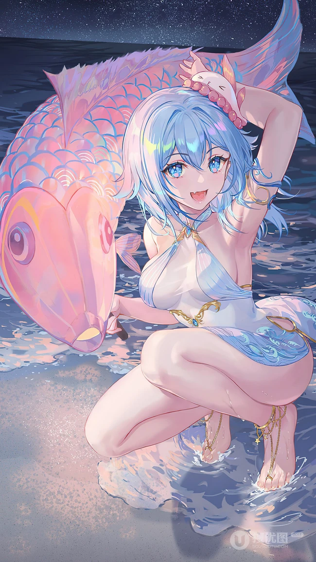 锦鲤 鲤鱼，穿着清凉海边动漫美少女高清手机壁纸图片