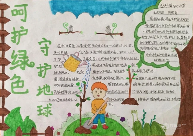 植树节手抄报，小学生纯手写设计绘画的植树节手抄报作品图片欣赏
