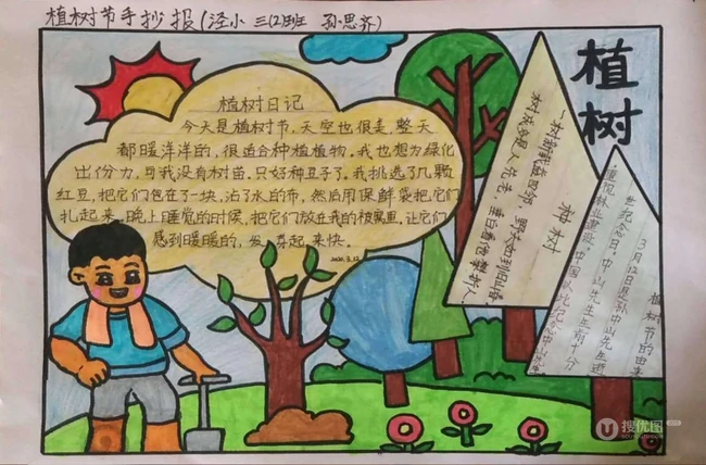 植树节手抄报，小学生纯手写设计绘画的植树节手抄报作品图片欣赏