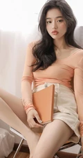 嘴唇很气质的气质卷发女生休闲T恤短裤穿着手捧日记居家写真图片