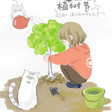 可爱小女孩，小白猫植树节主题图片
