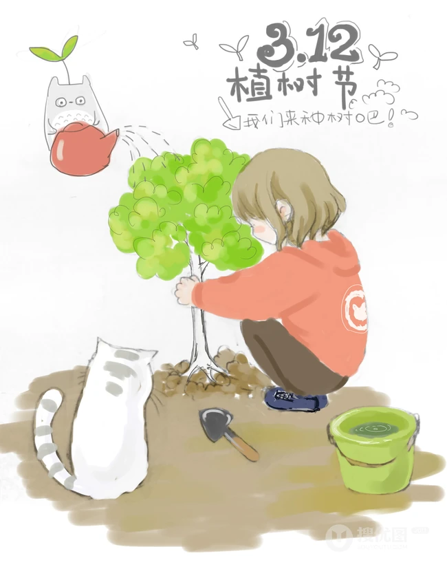 可爱小女孩，小白猫植树节主题图片