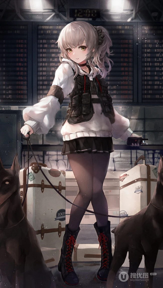 牵着两只狗狗的马尾辫动漫短裙黑丝袜美少女高清手机壁纸图片