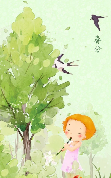 春意黯然的郊外，一个可爱粉裙卡通手绘小女孩春分节气手机壁纸图片