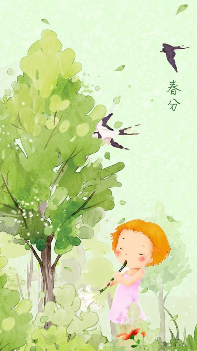 春意黯然的郊外，一个可爱粉裙卡通手绘小女孩春分节气手机壁纸图片
