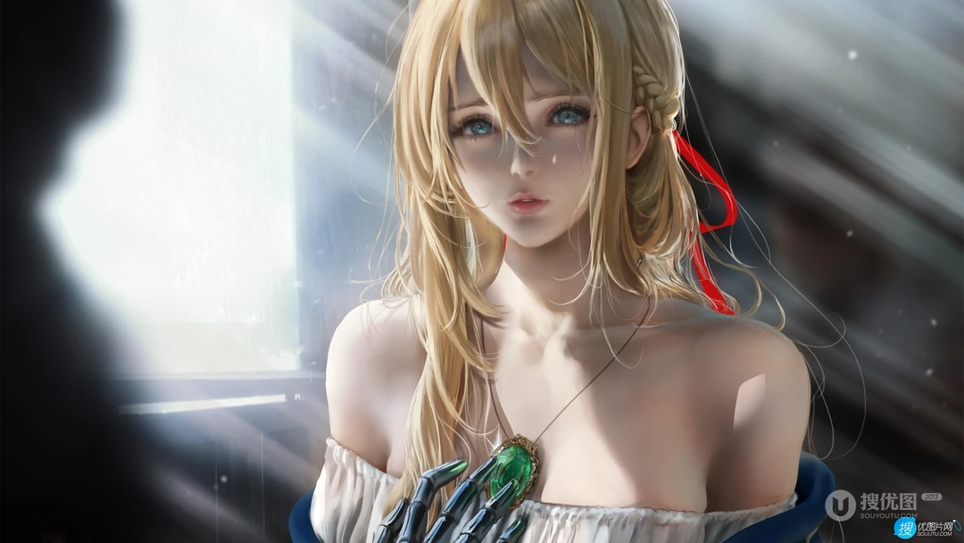 戴着蓝宝石项链，眼神楚楚可怜的性感抹胸衣动漫美女高清壁纸图片