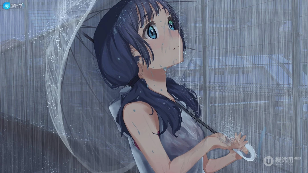 暴雨中撑着伞的二次元大眼睛齐刘海少女萝莉伤感一个人插画壁纸图片