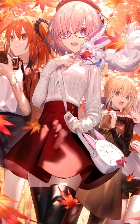 枫树下的一群JK学生制服短裙动漫美少女唯美高清手机壁纸图片