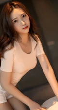 轻熟范十足的长发气质女生郑颖姗紧身T恤纯白短裤袜装穿搭气质室内套图