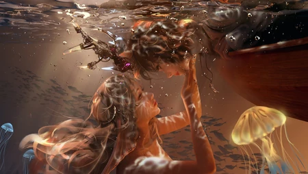 深海中的美人鱼，水母，鱼群，水泡，超精美精致动漫插画壁纸图片
