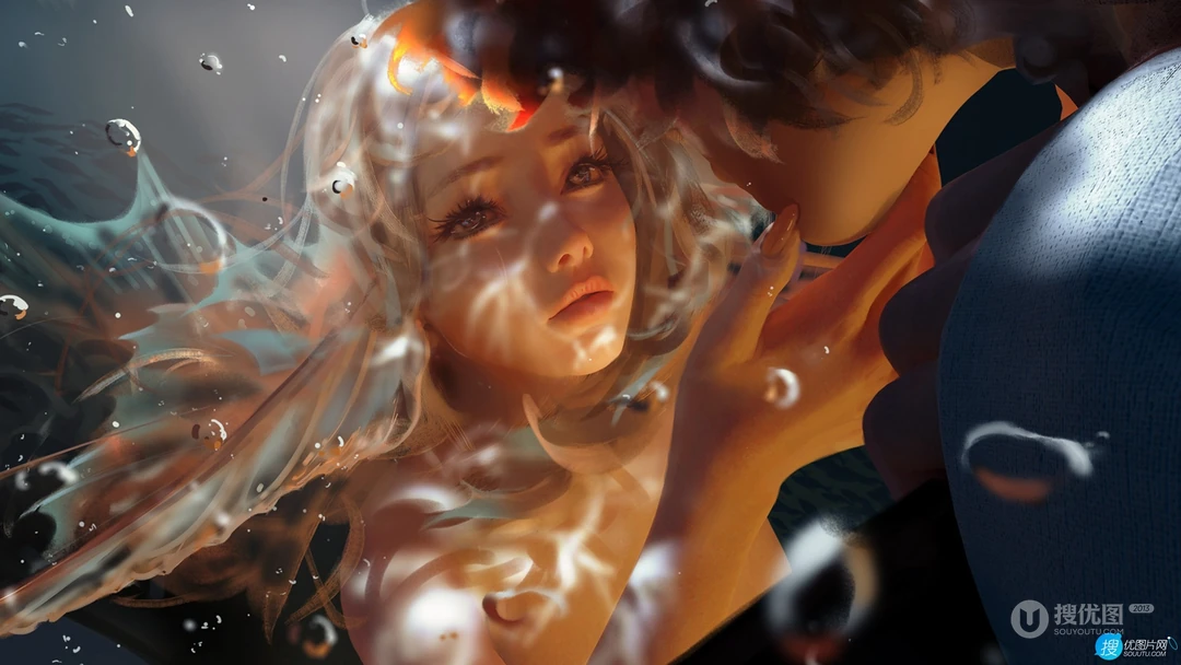 深海中的美人鱼，水母，鱼群，水泡，超精美精致动漫插画壁纸图片