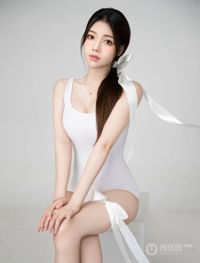 女生兜儿Eva纯白紧身死库水搭飘逸丝带显匀称身形线条感纹身图片
