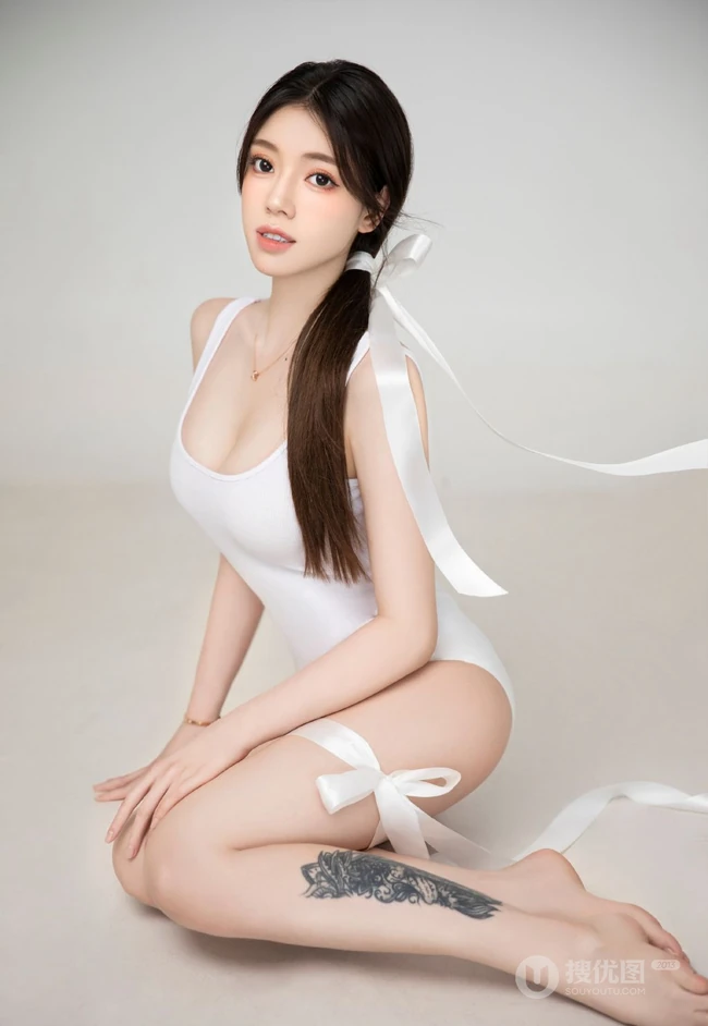 女生兜儿Eva纯白紧身死库水搭飘逸丝带显匀称身形线条感纹身图片