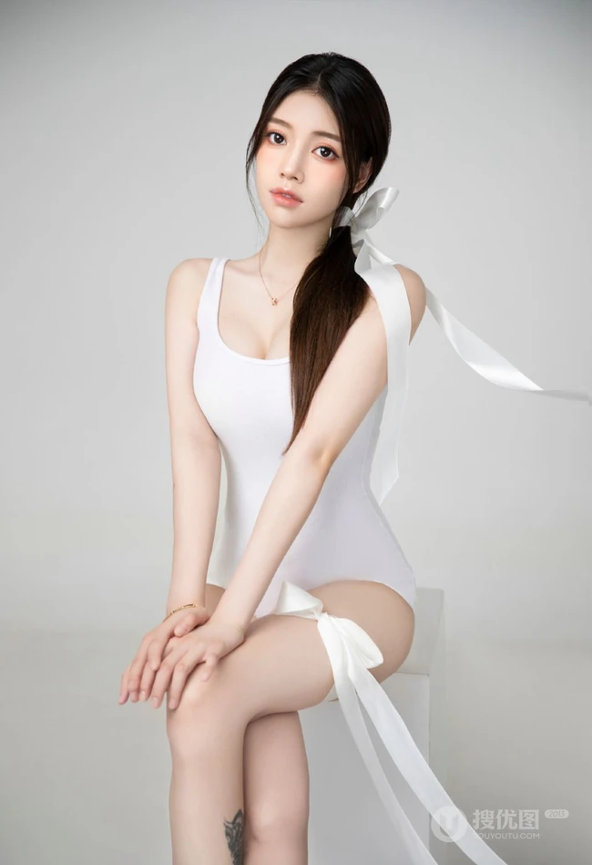 女生兜儿Eva纯白紧身死库水搭飘逸丝带显匀称身形线条感纹身图片