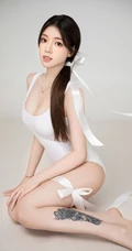 女生兜儿Eva纯白紧身死库水搭飘逸丝带显匀称身形线条感纹身图片