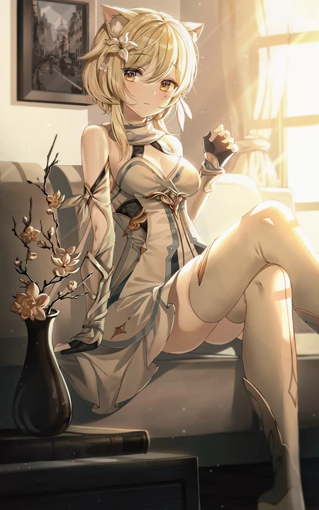 双腿叠放式坐姿的二次元狐狸耳朵动漫裙装长筒袜美少女高清手机壁纸图片