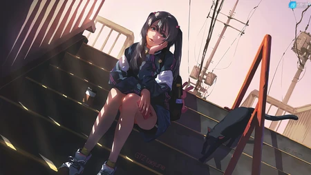 夏日，坐在台阶阴凉处的二次元双马尾学生装美少女高清1080壁纸图片