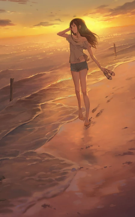 黄昏，光着脚丫漫步在海边沙滩的二次元短裤美少女唯美手机壁纸图片