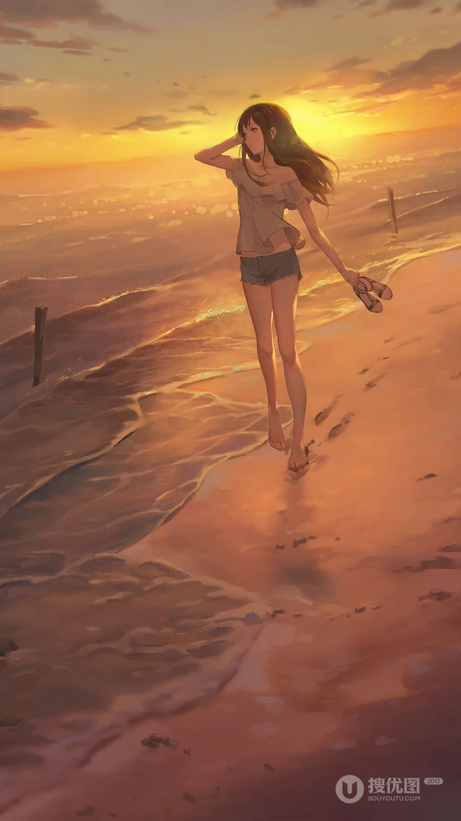 黄昏，光着脚丫漫步在海边沙滩的二次元短裤美少女唯美手机壁纸图片