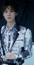 鹿晗水墨风休闲西服黑裤，手拿雨伞宛若翩翩公子户外帅气写真照片