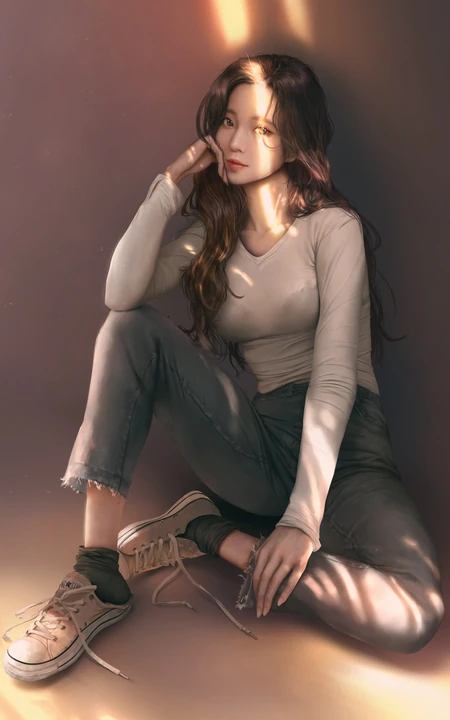 坐在地板上的休闲紧身裤气质3D动漫美少女逼真手机壁纸图片