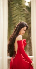 张馨予气质优雅红色连衣裙大秀美背写真图片