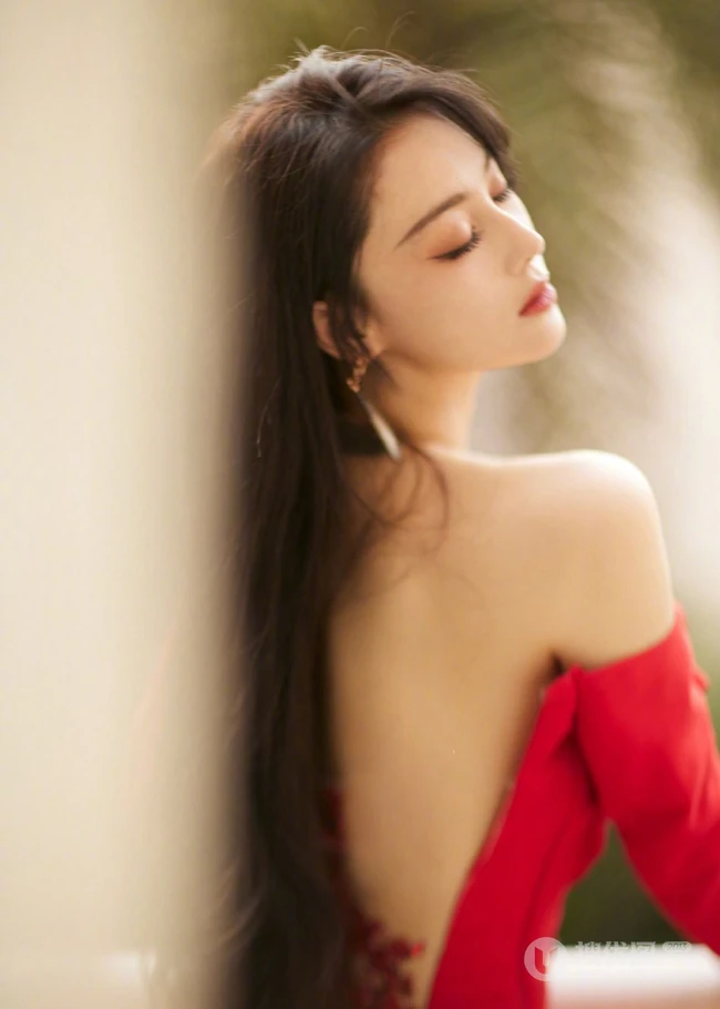 张馨予气质优雅红色连衣裙大秀美背写真图片