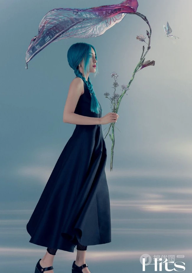 Angelababy蓝色双麻花辫发型登杂志梦幻写真图片
