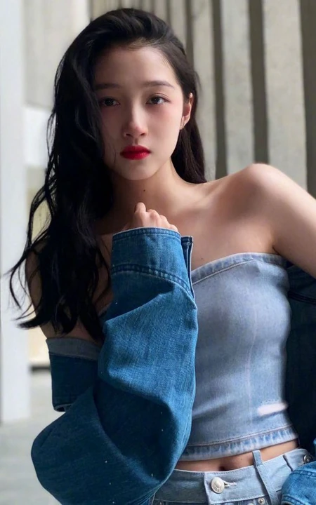 关晓彤紧身牛仔礼裙衣长裤穿着户外随拍写真图片