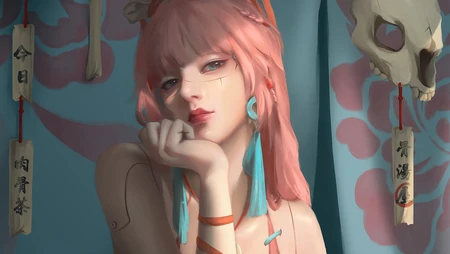 单手托腮画风精致的动漫美少女高清桌面壁纸图片
