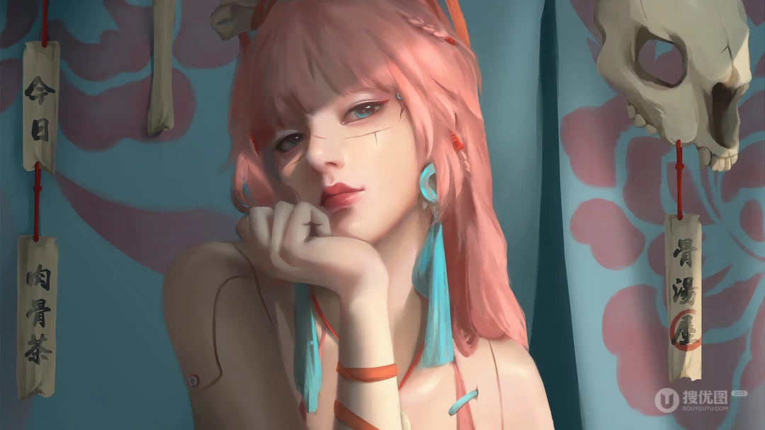 单手托腮画风精致的动漫美少女高清桌面壁纸图片