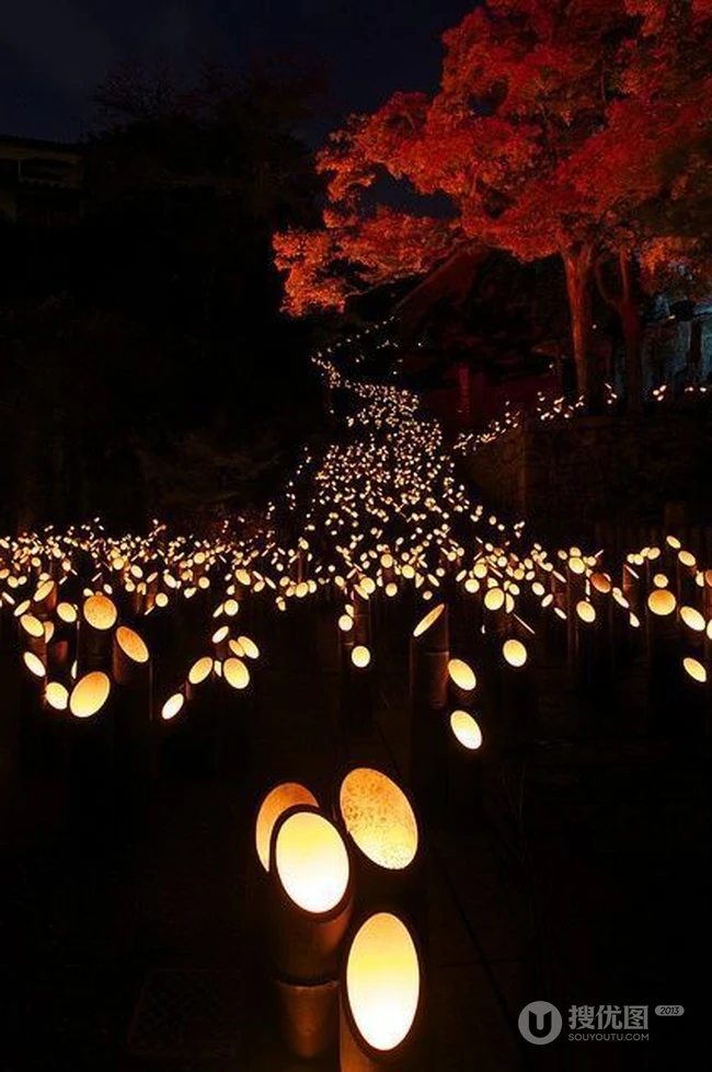 竹灯，夜色下的日本竹灯节唯美意境图片