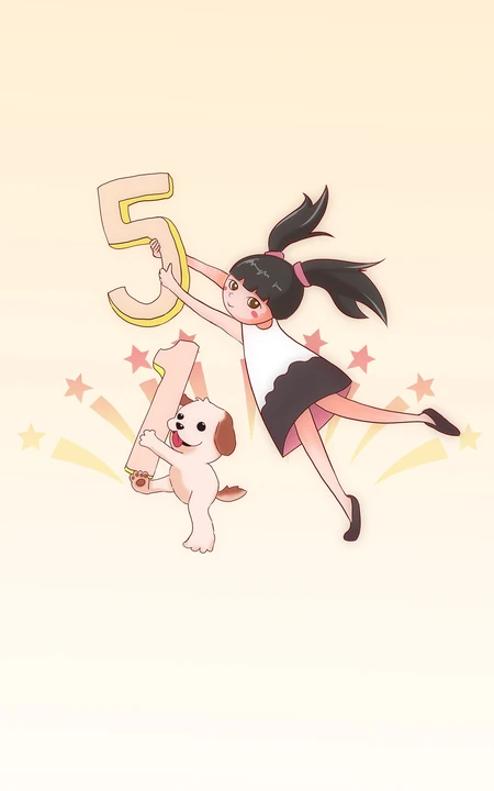 小女孩，小狗狗，51劳动节卡通主题创意手机壁纸