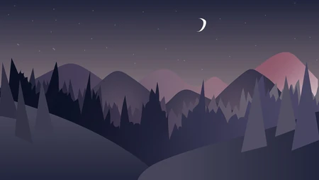 夜晚的大山 天空的一轮弯月，自然景观插画手绘壁纸图片