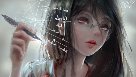 戴眼镜的动漫女孩 学霸，理科生 厚涂板绘桌面壁纸图片