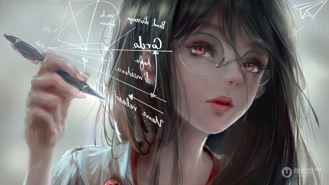 戴眼镜的动漫女孩 学霸，理科生 厚涂板绘桌面壁纸图片