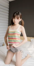 浅粉可爱女生少女小姐姐紧身条纹衫短裤穿着居家室内俏皮写真套图