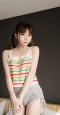 浅粉可爱女生少女小姐姐紧身条纹衫短裤穿着居家室内俏皮写真套图
